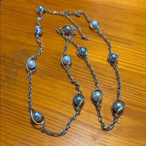 Sterling Silver Necklace with White and blue Pearlescent Beads